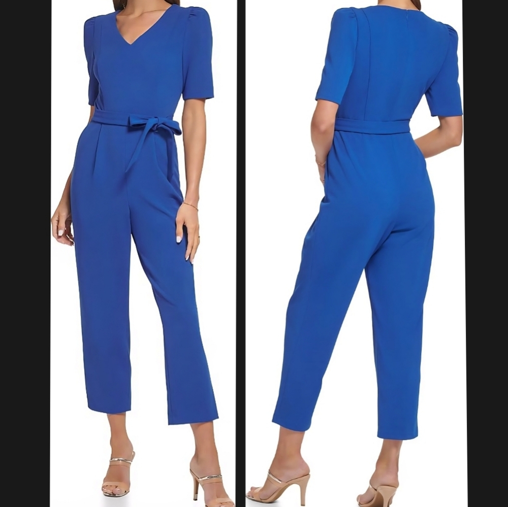 DKNY Puff Sleeve V-Neck Scuba Crepe Jumpsuit